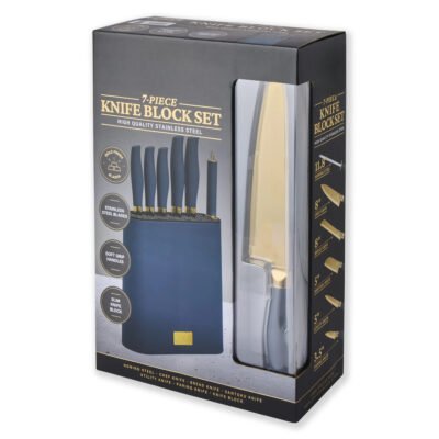 7-Piece Slim Block Knife Set with Gold Blades and Blue Block