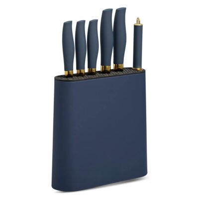 7-Piece Slim Block Knife Set with Gold Blades and Blue Block