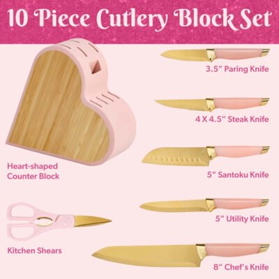 10-Piece Heart-Shaped Stainless Steel Knife Block Set, Pink